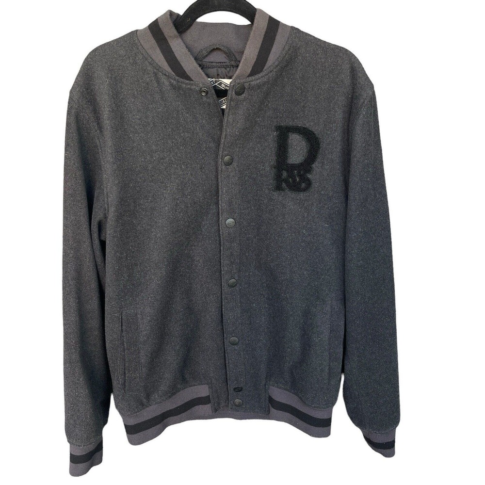 Dravus Varsity Letterman Jacket Mens Large‎ Black Gray Snap Button Up Wool